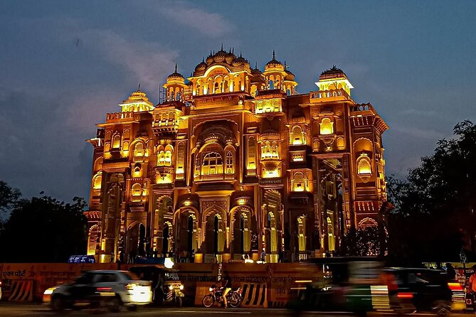 Magical Jaipur Night Tour Including Patrika Gate - Albert Hall Museum exterior, Tripolia Bazaar, and Hawa Mahal glow